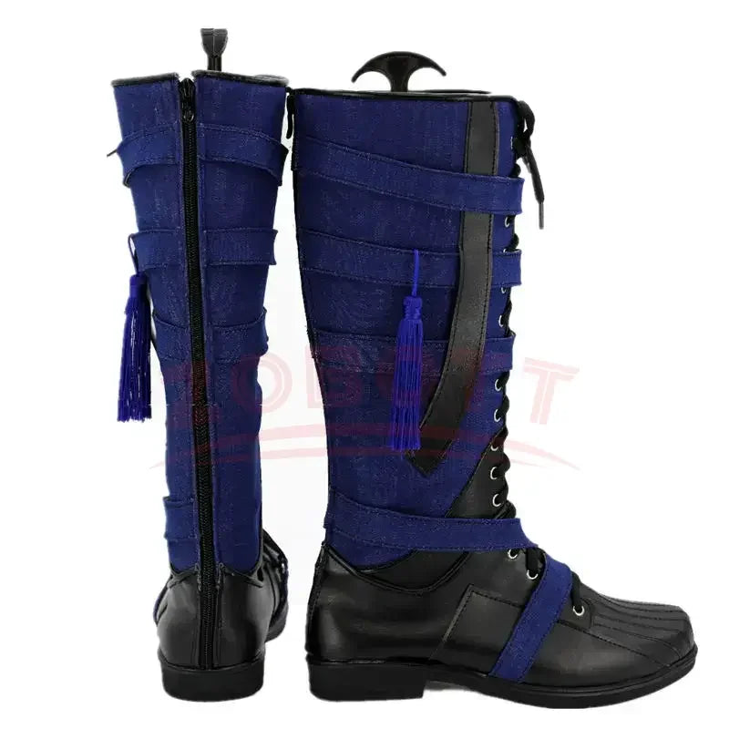 Cosplay Stiefel Fantasie - Marineblaues und schwarzes Leder mit Pompon (Damen)